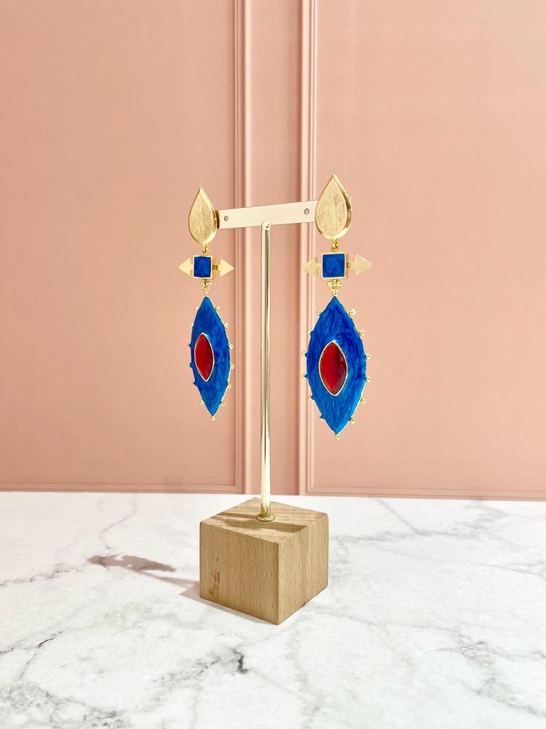 ARETES ENAMEL AZUL CON PIEDRA ROJA